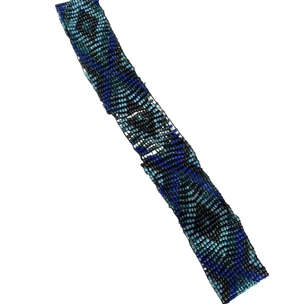 Vintage Boho Hippie Beaded Stretch Belt Wide Blue Tribal Geometric Southwestern
